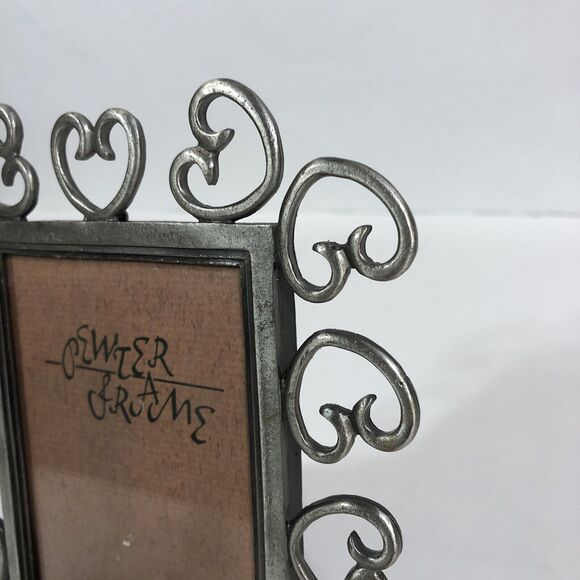 Pewter Picture Frame Hearts 3.5" x 5" Open Work Vintage Retro Back Stand - Picture 2 of 6